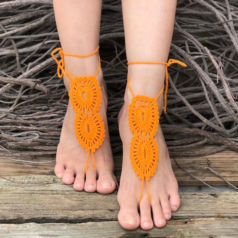Virka barfota sandaler strand pool slitage tå ring fotled naken skor fot smycken viktorianska spets yoga skor brud fotled: Orange
