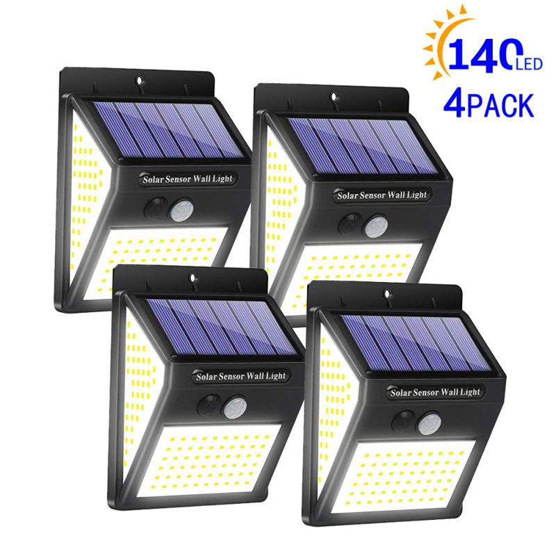 Solar Lights Outdoor 270° Lighting Angle Wireless IP65 Waterproof Outdoor Solar Security Light For Porch Garden Yard Fence Patio: 140LED 4Packs