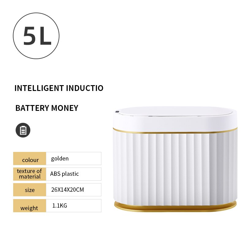 9L/12L/15L Kitchen Smart Trash Can Automatic Induction IPX5 Waterproof Electronic Bathroom Rubbish Bin Toilet Narrow Garbage Can: Battery 5L gold