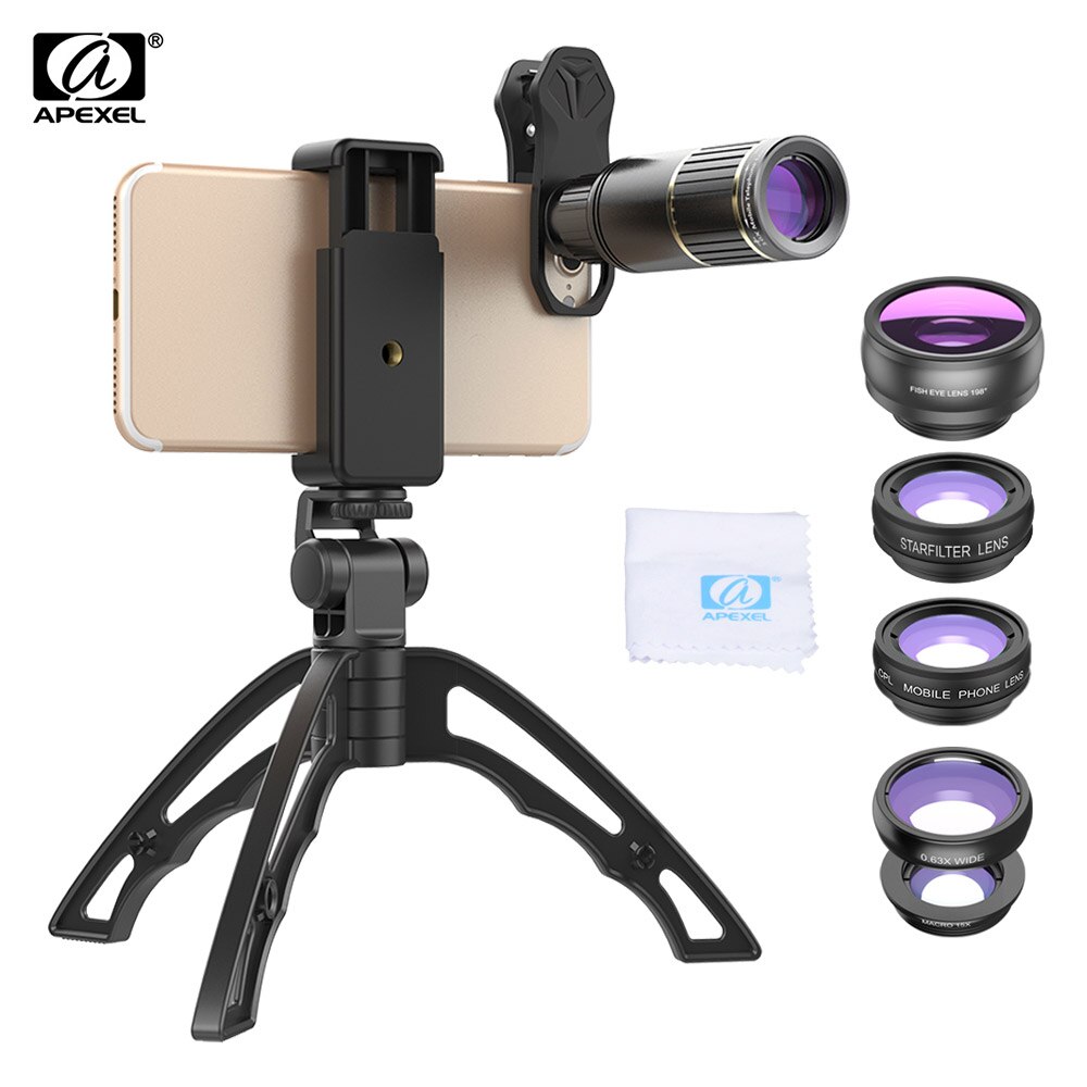 APEXEL APL-JS16XJJ04D5 6 In 1 Telefoon Lens Kit Tele Fisheye Lens 0.63X Groothoek 15X Macro Lens Filter voor Samsung huawei