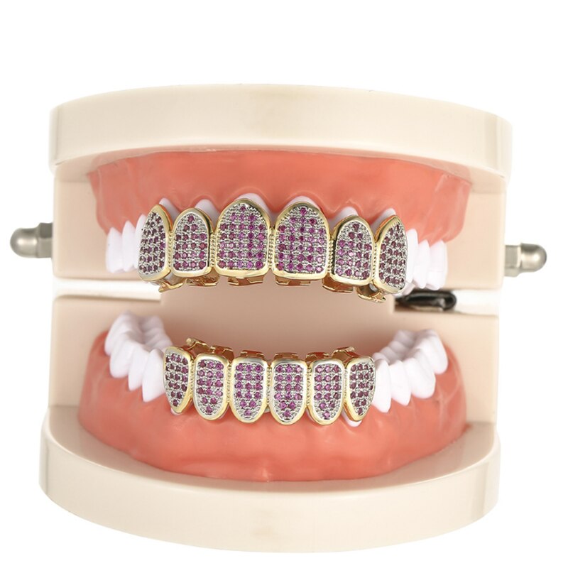 oDomi Grillz Set - Rose Gold Color Hip Hop Fang Caps - Zirconia Top & Bottom - Men's Body Jewelry
