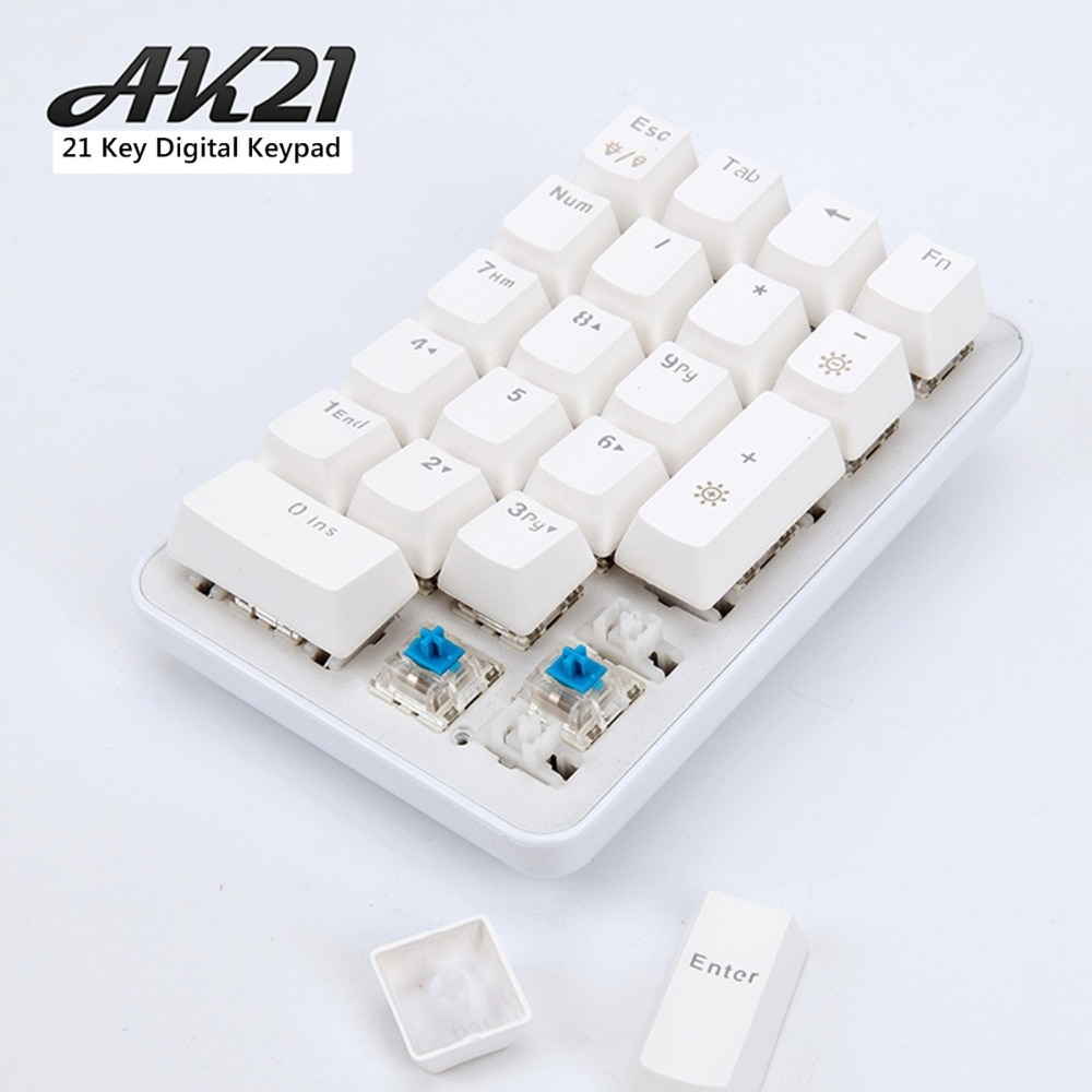 Ajazz AK21 21-key Ergonomic Backlit USB Wired Digital Numeric Keypad Keyboard Detacheable Cable and Type-C USB port Blue Axis