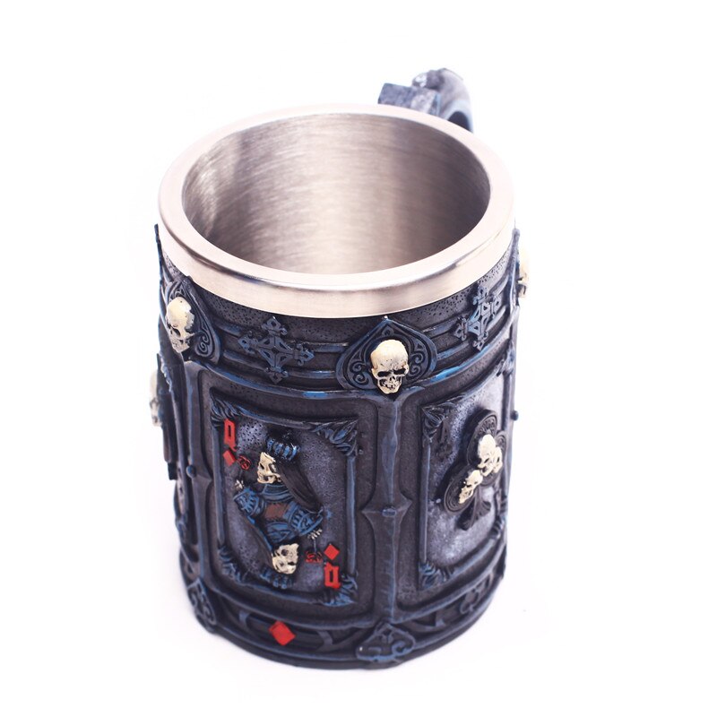 Skull Mug Poker Skull Maltese 3D Tankard 304 Stainless Steel Inner Punk Gothic Beer Mugs Cup Halloween Birthday 400mL