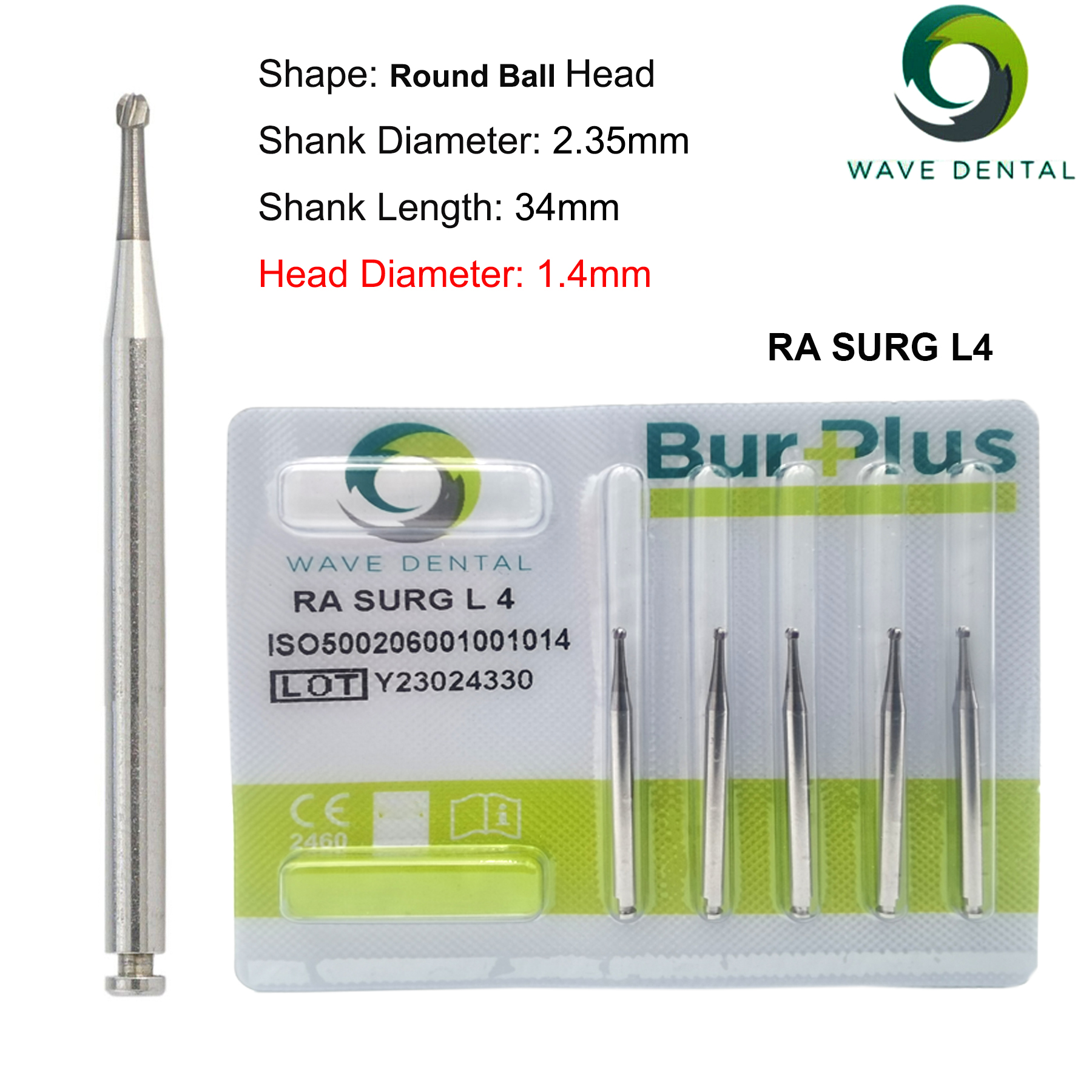Fresas de carburo de tungsteno Dental WAVE, taladro Dental de cabeza redonda, fresas de implante RA SURG para pieza de mano de baja velocidad, herramientas de dentista, 5 unids/pack: Verde