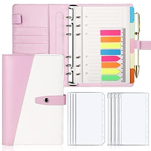 15 Pieces A6 PU Leather Notebook Binder Budget Planner Envelopes System with Zipper Pockets, Binder Dividers,Neon Page Markers: Pink