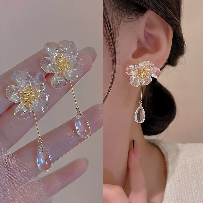 Korean Acrylic Flower Earrings For Women Long Tassel Transparent Crystal Earring Jewelry Wedding