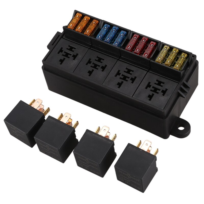 -Caja portafusibles de cuchilla de 12 vías con terminales de pala y fusible 4 Uds 4 pines de 12V 40a relés para remolque y barco de camión de coche