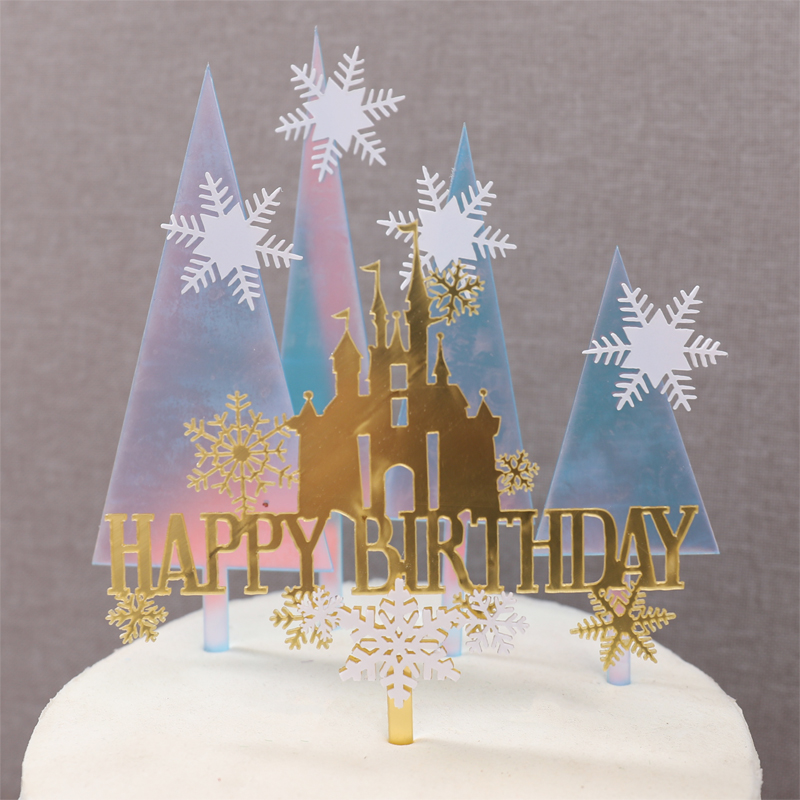 szczęśliwy urodziny ciasto cylinder płatek śniegu zamek ciasto dekoracja akryl niebieski Christmas drzewo Cupcake Toppers pieczenie impreza dekoracje