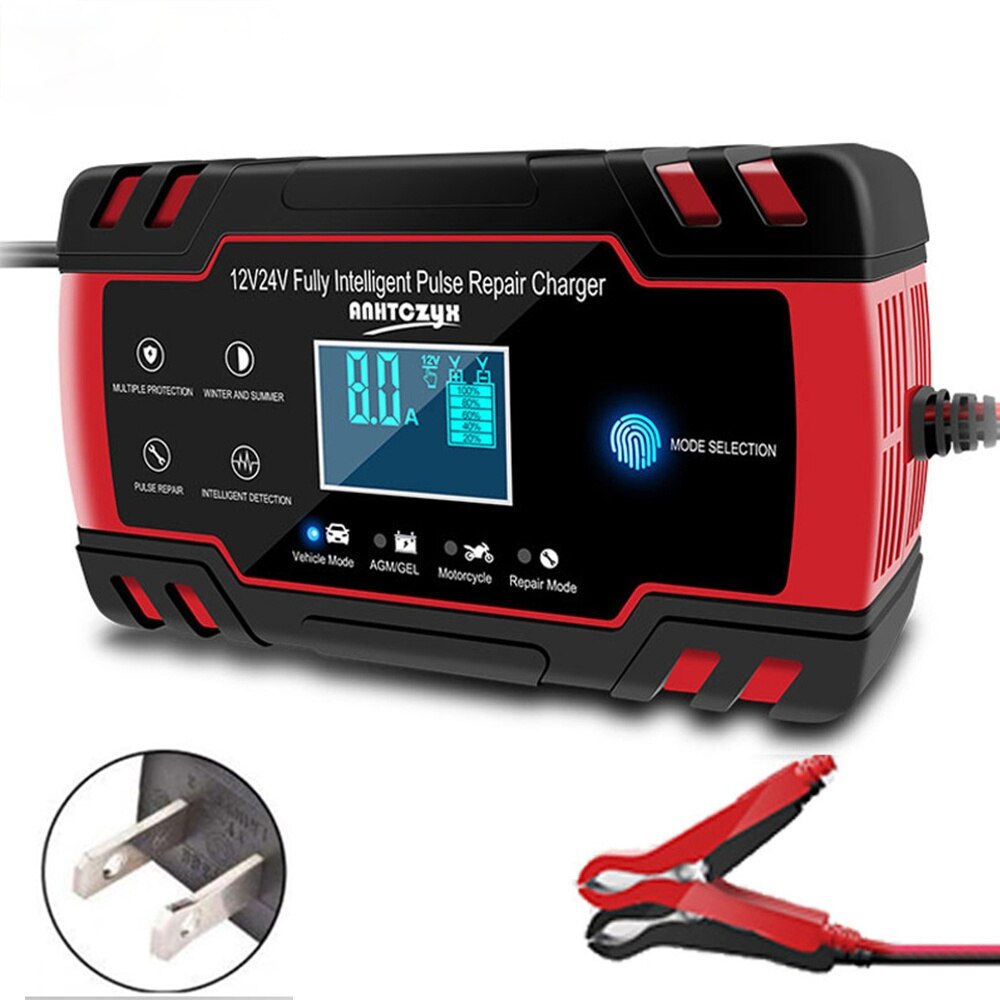 Chargeur de batterie 12v 24V 8a, réparation d'impulsions, écran LCD, Charge rapide intelligente, AGM, Cycle profond, GEL plomb-acide, chargeur automatique de batterie de voiture: US Plug