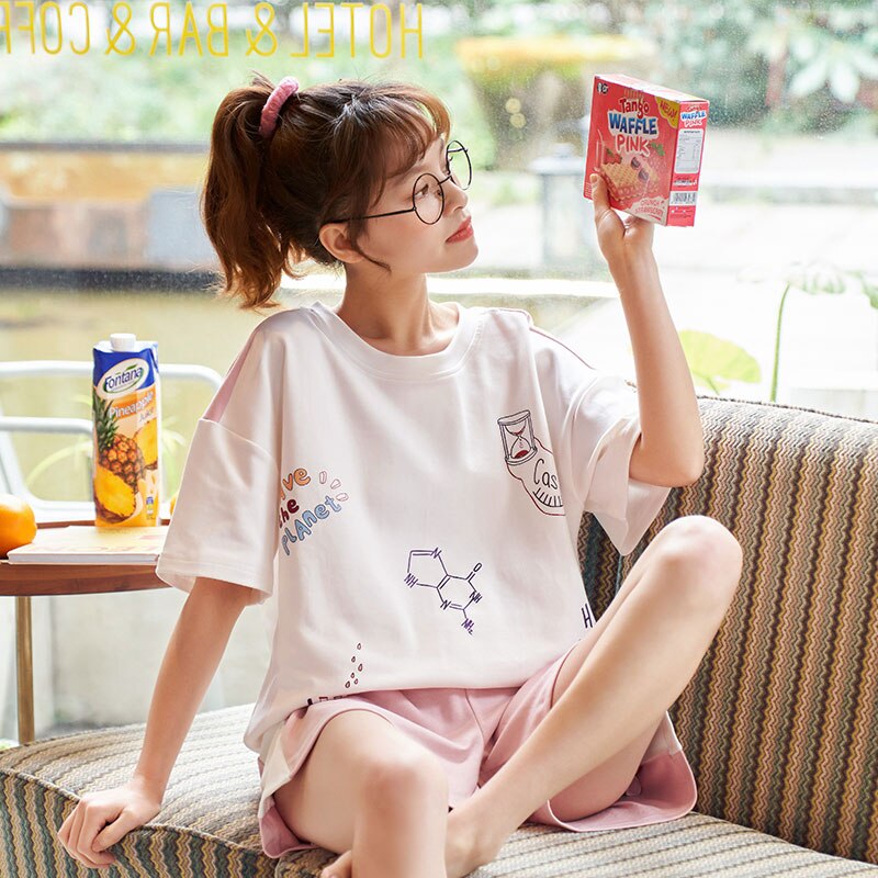 Pijamas de verano para amantes, conjunto de ropa de ocio para hombres jóvenes de manga corta de algodón fino para chicas encantadoras: female / M