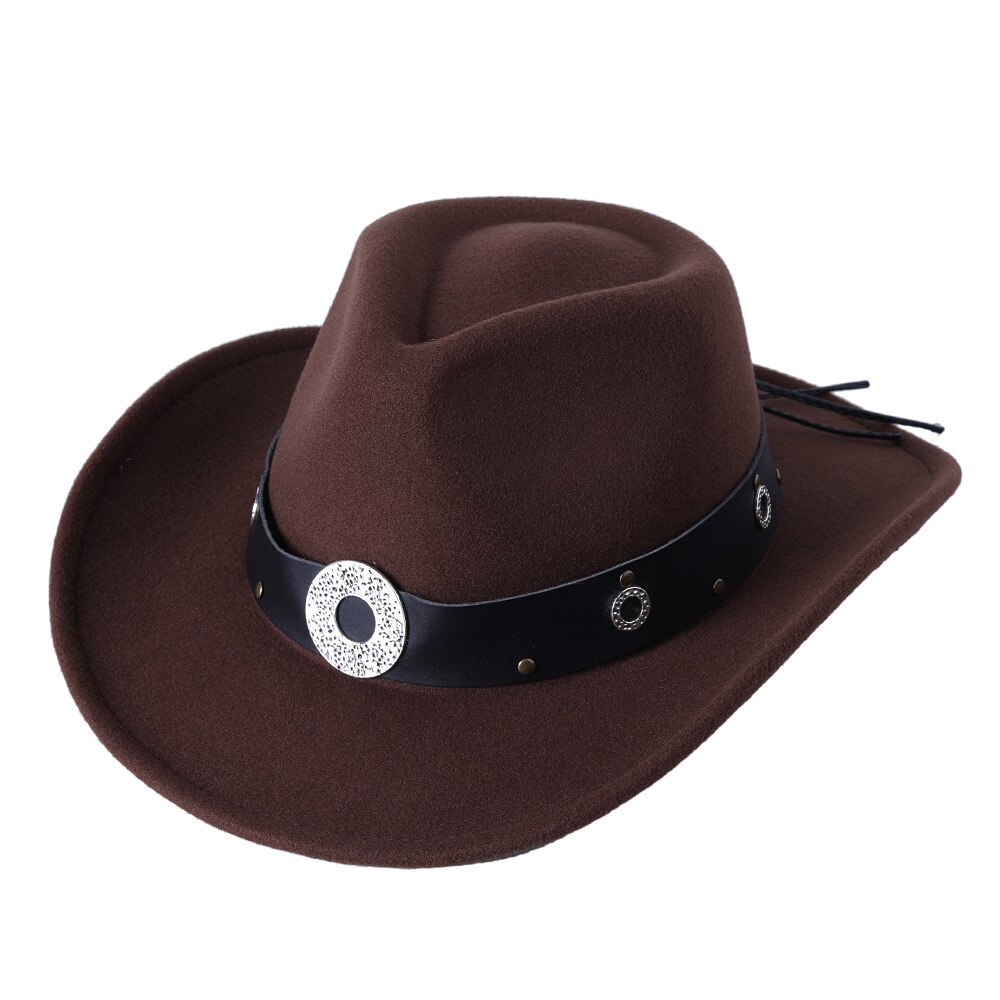 Sombrero de ala ancha con cinturón para hombre y mujer, gorro cálido de Jazz, Color sólido, para invierno y otoño: Brown