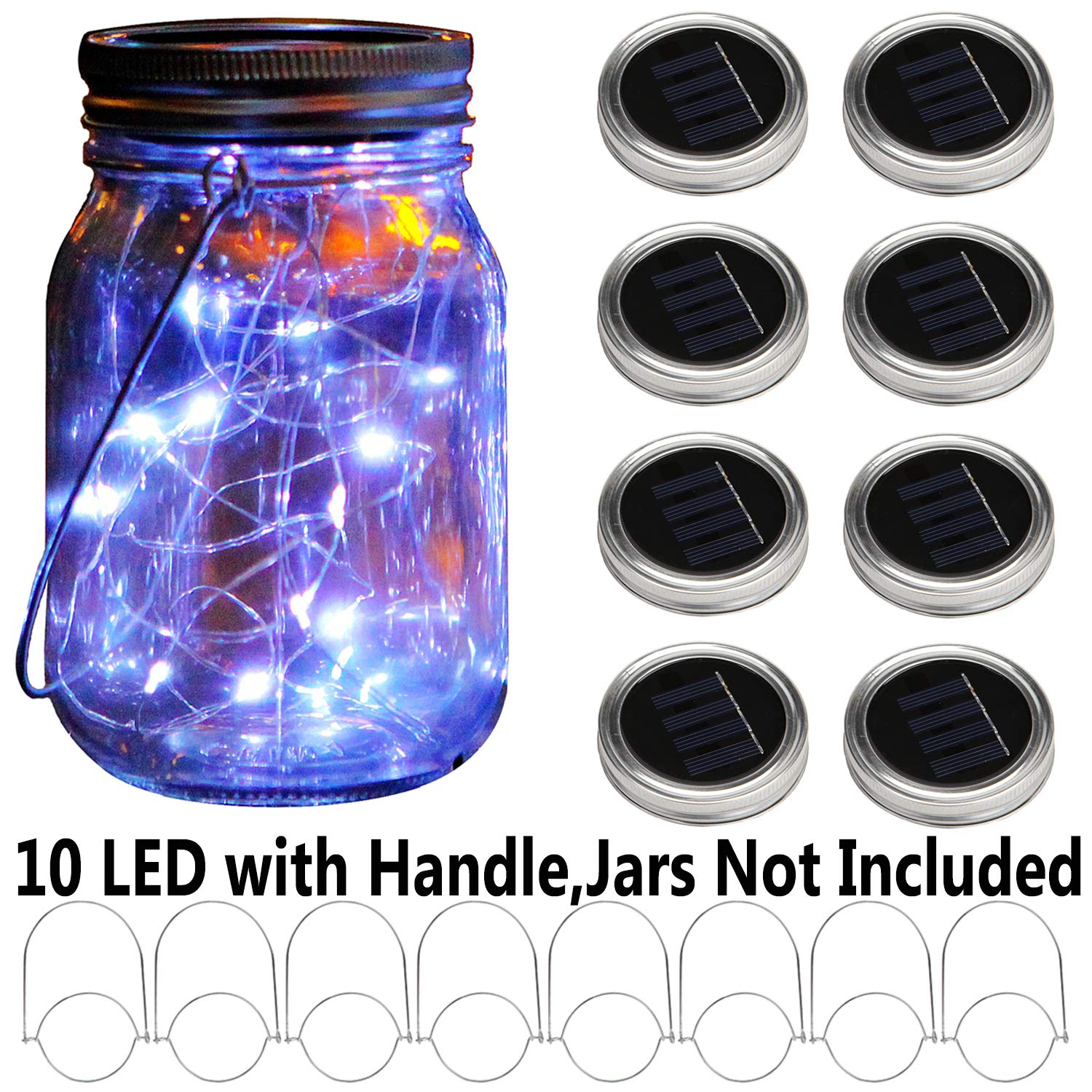 Solar--Einmachglas-Lichter mit 8 Griffen, 10 LED-Lichterketten, Feen-Solarlichter, Deckel, Glas-Dekoration, Garten, Party, Weihnachtsdekoration: Weiß