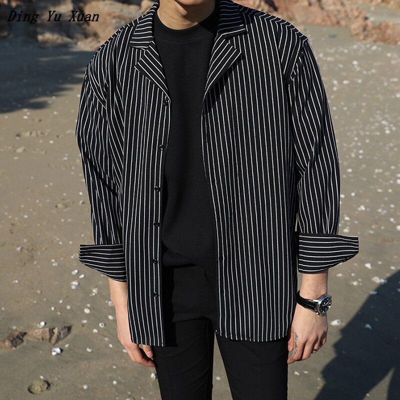 Koreaanse Stijl Mannen Casual Regular Fit Shirts Lange Mouw Notched Button Geel Zwart Gestreept Overhemd Mannen Mode Tops blouses