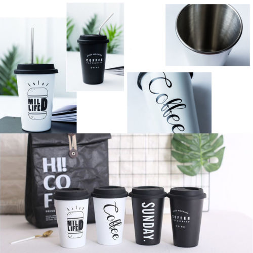 Modernas tazas reutilizables de acero inoxidable para café, con tapas tazas de té, pajitas y letras, tazas de Taza de Viaje de 500ML