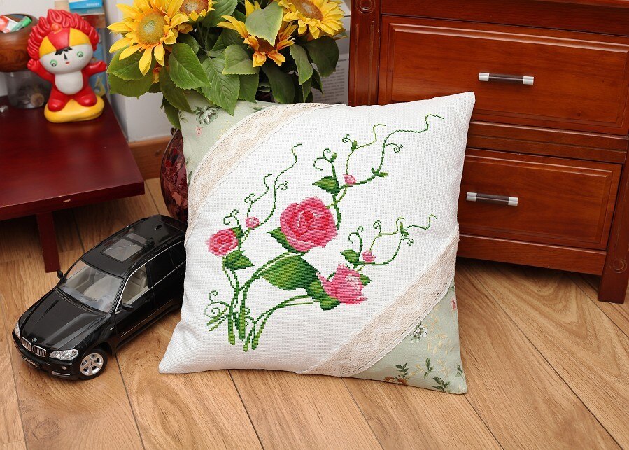 Kit de bordado artesanal de flores rosas, funda de almohada de hilo acrílico, tapiz de lona, Fundas de cojín de costura,: pink