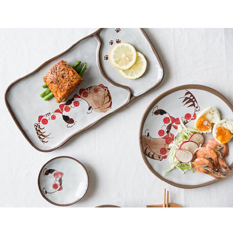 Japanese Handmade Series Ceramic Plate Tableware Cat Pattern Plate Fish Plate Cute Family Dinner Plate Support Plates