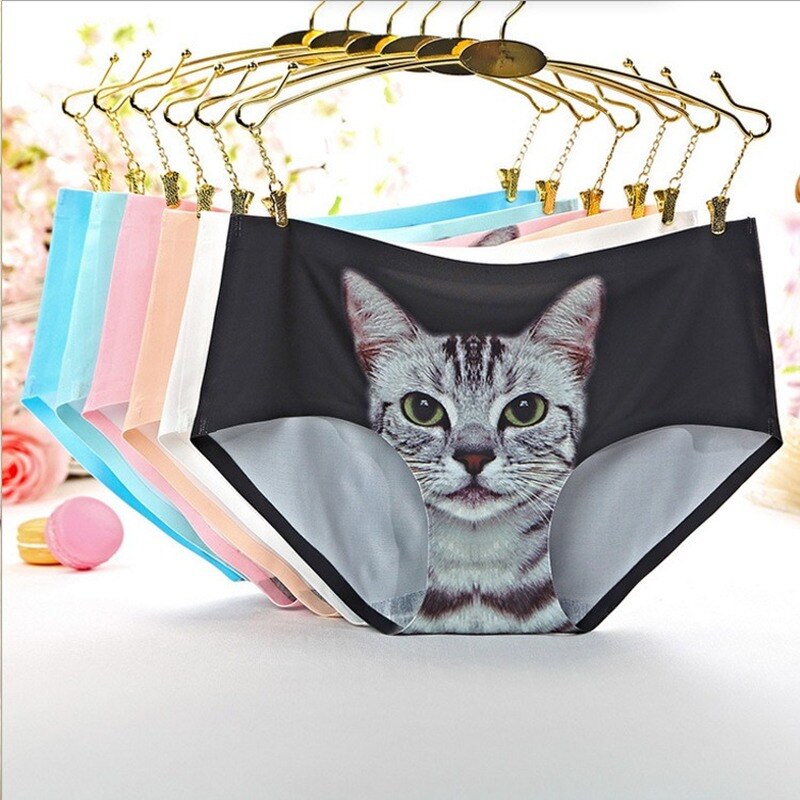 3D Cat Middle Waist Sexy Girl Underwear Cartoon Ice Silk Printed Cat Head Briefs Meow Star Man Thong Panties Underwear Women