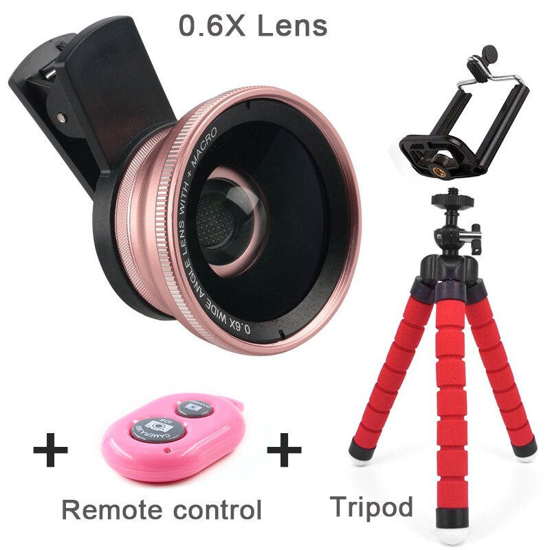 2 en 1 objectif de téléphone portable 4K HD 15X macro 0.6X objectif grand Angle pour iPhone 8 10 X Samsung LG Kit de caméra accessoires de téléphone portable: Rose Gold Set B