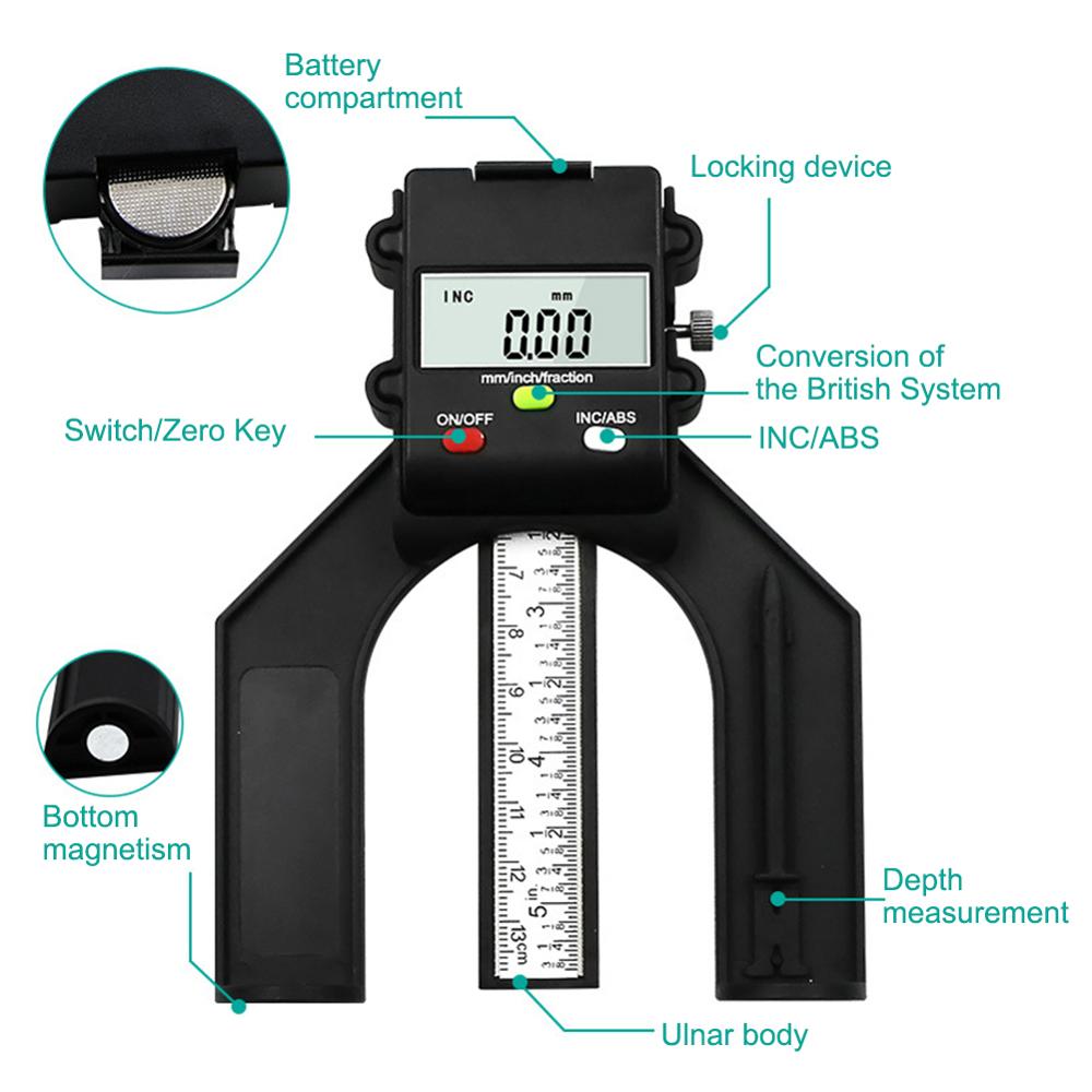 Digital Depth Gauge Digital Tread Depth Gauge LCD Magnetic Self Standing Aperture 80mm Hand Routers Button battery