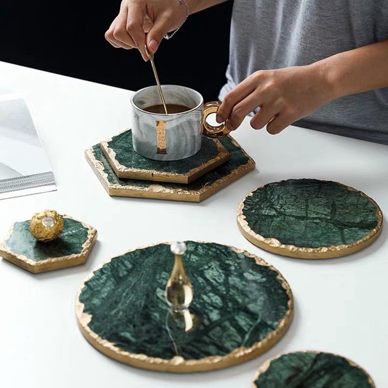 Luxe Antislip Emerald Real Marmer Coaster Mok Plaats Mat Groene Steen Met Gouden Inlay Hittebestendige Trivet Tafel decoratie