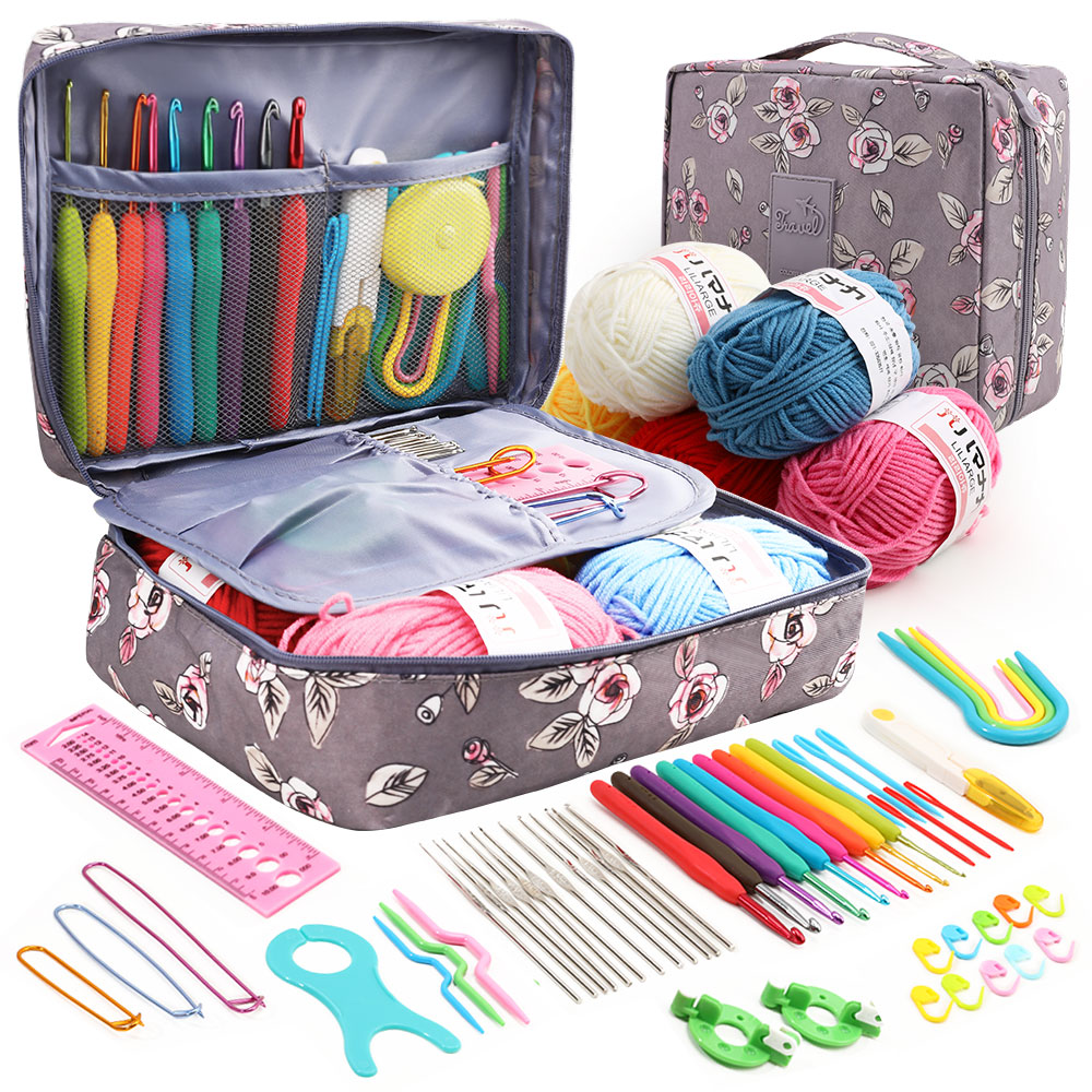 59Pcs/Set Crochet Set DIY Beginner Crochet Hook Kit With Storage Bag Material Pack Portable Sewing Knitting and Storage Tools: plum