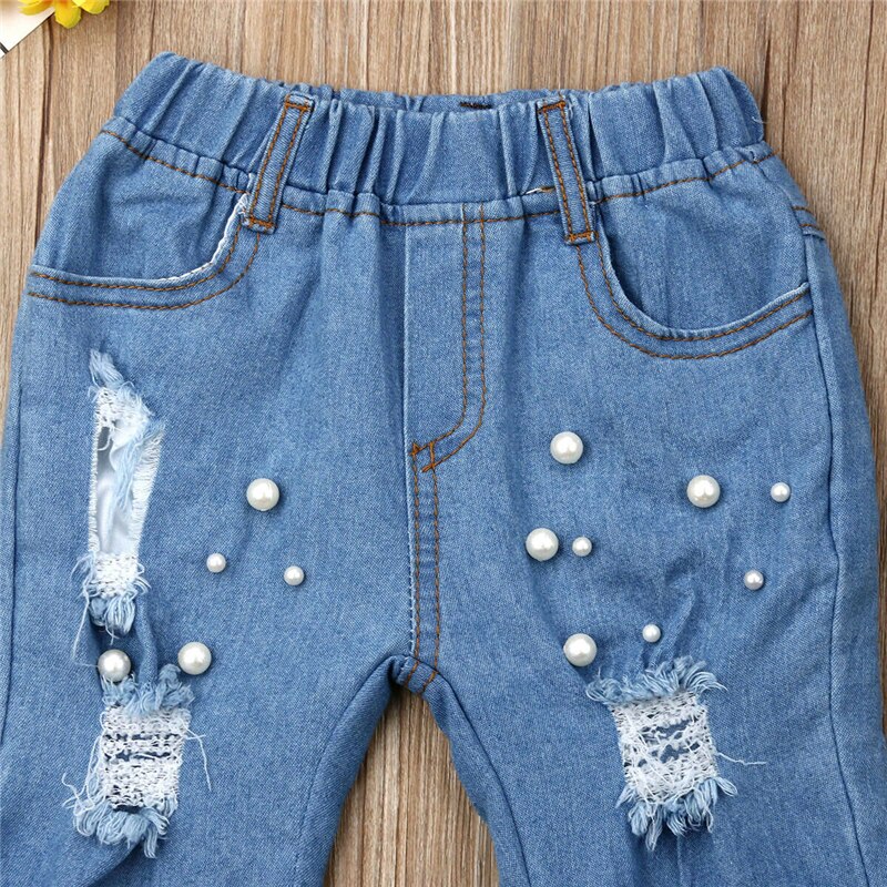 Kid pige sommer afslappet jeans strimlet hul jeans denim bukser elastiske bukser baby jean spædbarn tøj
