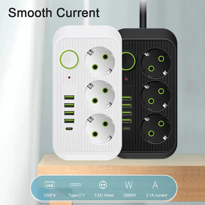 Multiprise EU 3AC + 4USB (1 Charge Rapide) – 2m – Blanc – PC Ignifuge – 110-250V