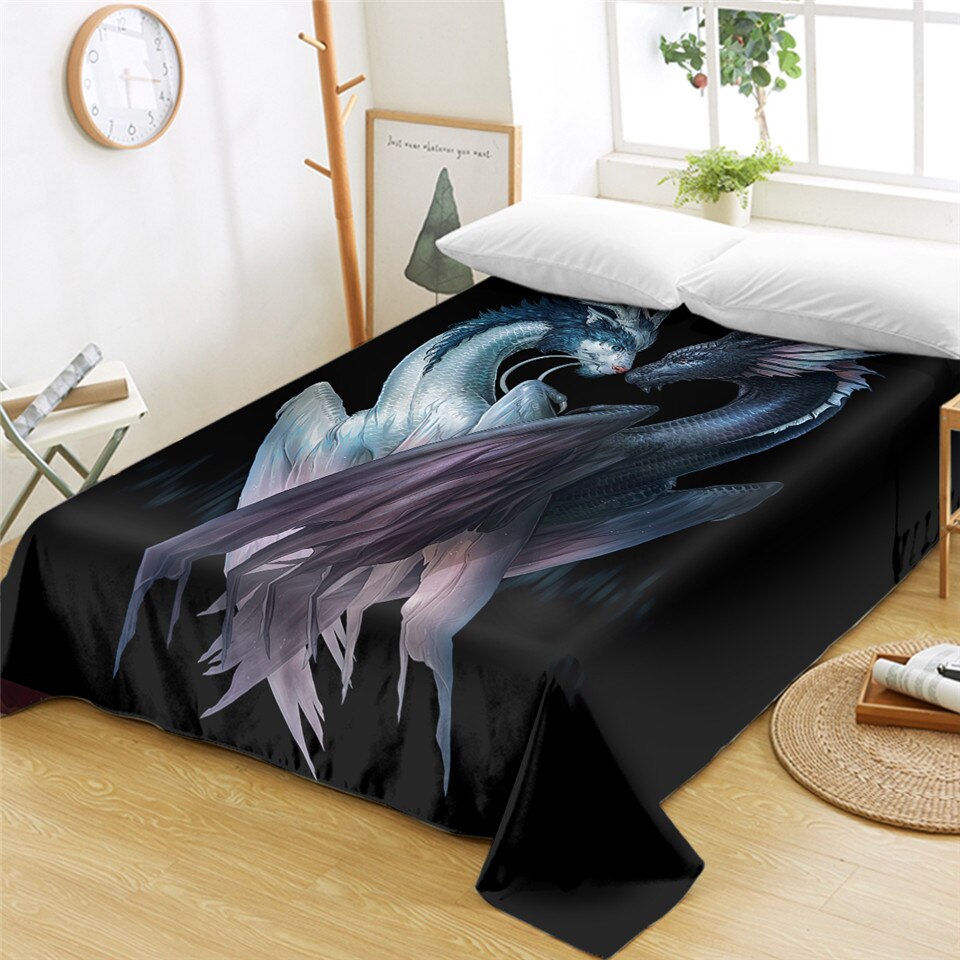 Yin and Yang Dragons Black by JoJoesArt Bed Sheets 3D Printed Flat