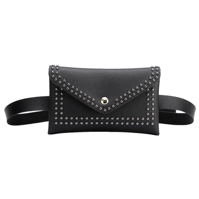 Punk Solid Color Rivet Shoulder Waist Bags Female Girls Fanny Belt Packs Women PU Leather Crossbody Casual Messenger Chest Bags: Black