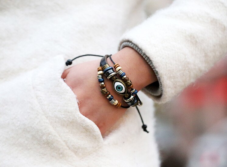 Neue Bohemien Magische Auge mehrschichtig Leder Armbinde Auge Fisch Perlen Armbinde männer retro Punk wickeln Armbinde Schmuck