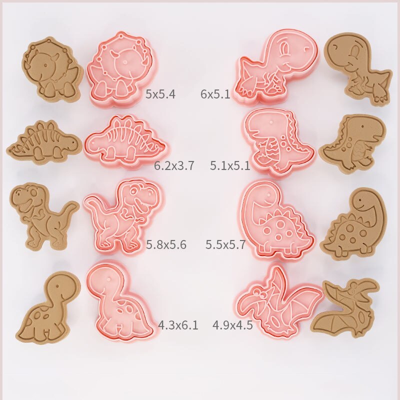 8 stk/sæt dinosaur form kage udstikkere plast 3d tegneserie trykbar kiks form småkage stempel køkken bagning kage bagværk