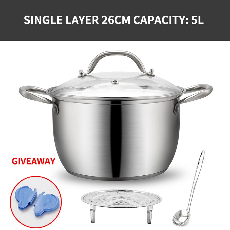 Kitchen Stainless Steel Thick Steamer pot Soup Universal Cooking Pots for Induction Cooker Gas Stove steam pot: 26cm-single layer