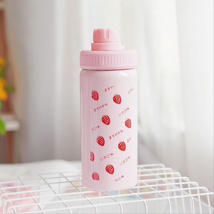400ML Cute Pink Strawberry Water Bottle Travel Kawaii 304 Stainless Steel Thermos Bottle With Straw Birthday Girl Women: 4