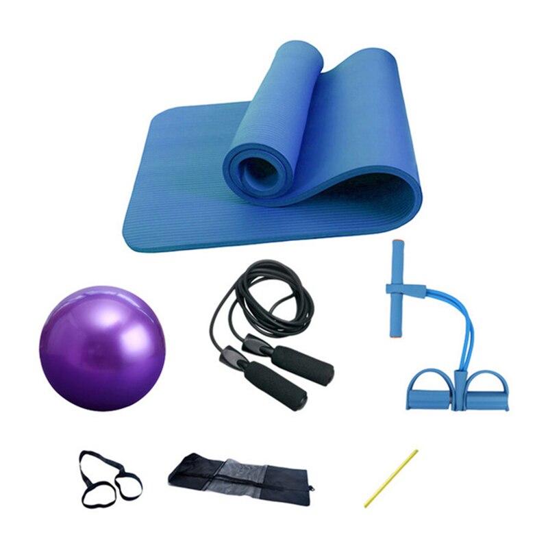 4 stykke yoga pilates sæt kit 10mm tyk nbr yogamåtte 25cm pilate bold hoppe reb yogamåttesæt træningsudstyr til hjemmet: Blå