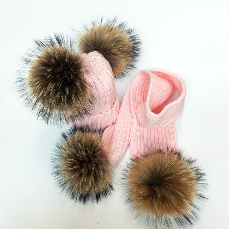 Ouder-kind Winter hoeden Schattige Baby bont Pompon Hoed Sjaal Sets Echte Natuurlijke Haarbal Caps Moeder Kinderen Warme Gebreide Hoeden Winter Bea