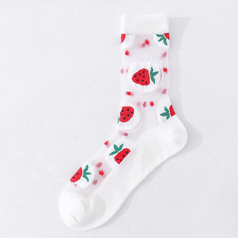 Newest Crystal Silk Tide Socks Gril Women Harajuku Funny Casual Fruit Avocado Pineapple Watermelon Happy Socks Sox: White strawberry