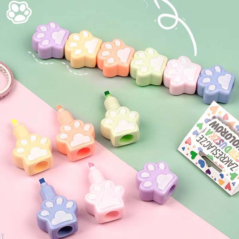 6 pcs/set Kawaii Cat Paw Highlighters Art Markers Liner Journal Diy Art Supplies Drawing Paint Marker Cute Stationery