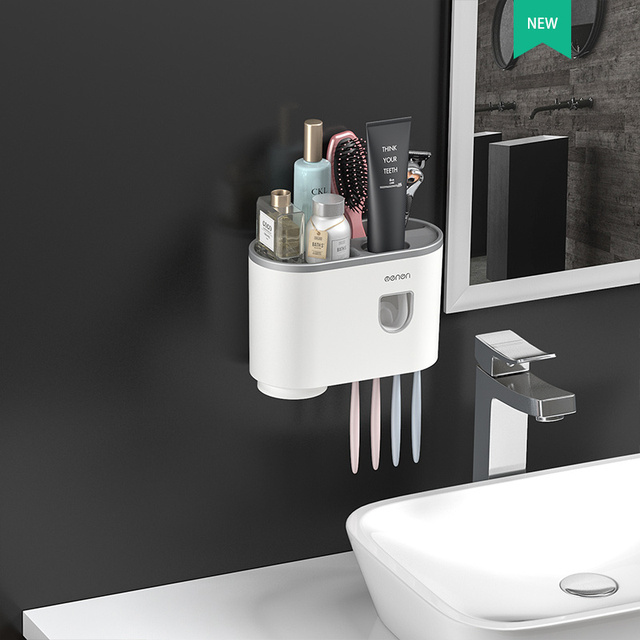 Magnetic Adsorption Inverted Toothbrush Holder Double Automatic Toothpaste Squeezer Dispenser Storage Rack Bathroom Accessories: 1 cups Gray