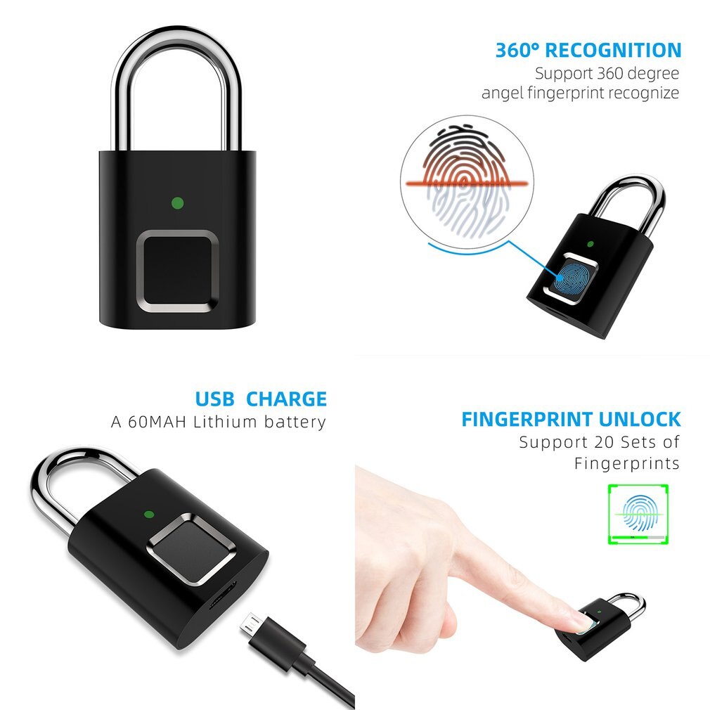 Biometric Lock Semiconductor Lock Smart Door Lock USB Rechargeable Padlock Door Electronic Lock Intelligent Home Keyless Lock