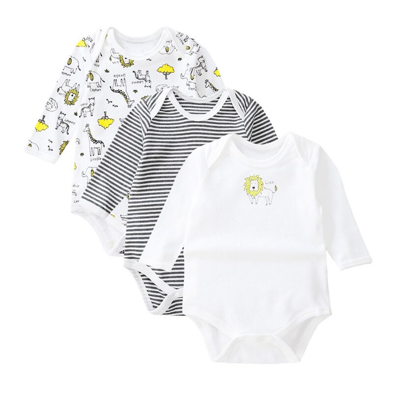 Lot de 3- bodies à manches longues pour bébé, 100%  pièces en coton avec imprimé animal, vêtements pour filles et garçons