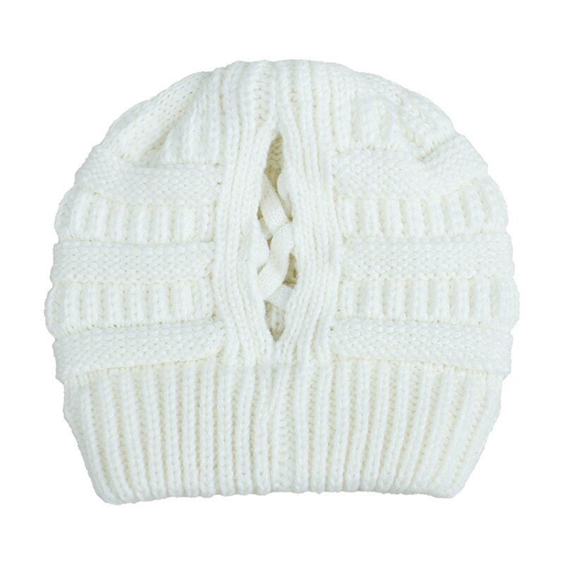 Gorro de cola de caballo para mujer, gorros tejidos para madre y niña, gorros gruesos y cálidos, gorras de color liso: 2