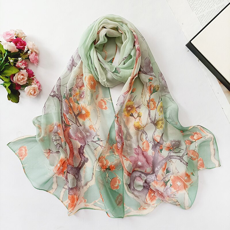 Mode Zon Zijden Sjaal Vrouwen Bloem Georgette Bandana Elegante Zee Strand Shawl Soft Hijab Lange Dunne Zijden Sjaal: 2