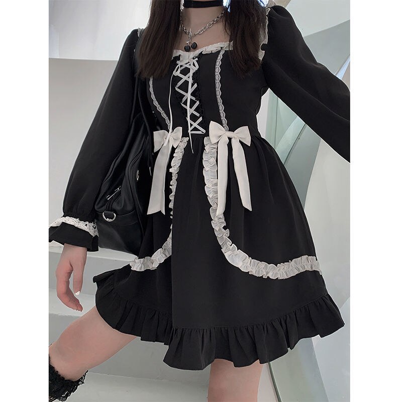 Japonés Lolita gótico vestido niña Vintage Mini vestido estilo Japón ropa Kawaii caen vestidos para las mujeres: L