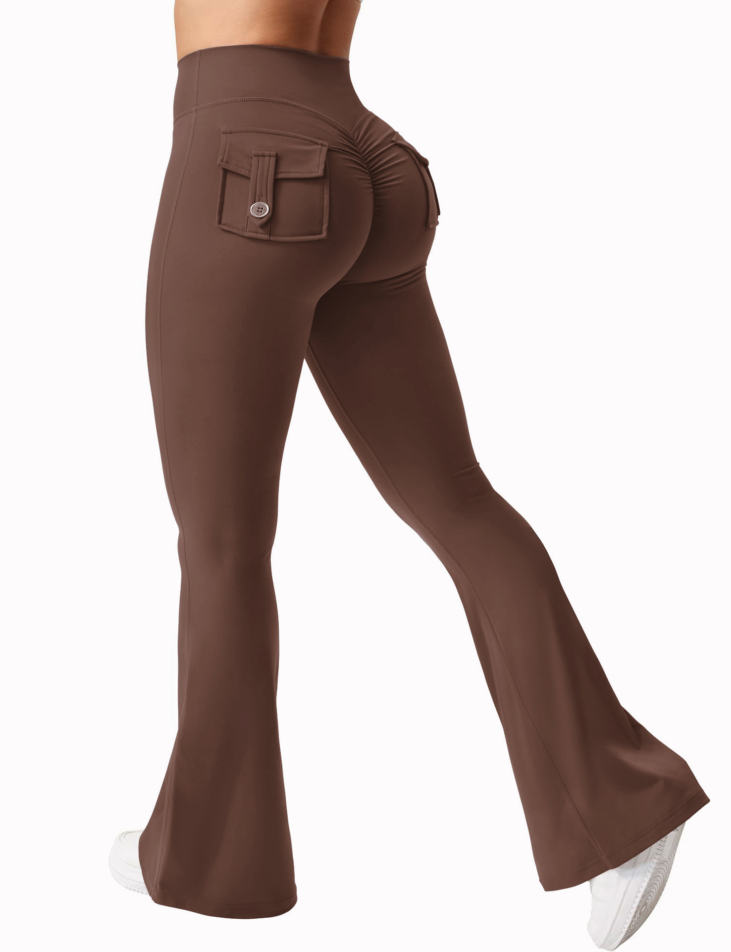 Neueste Damen-Yoga-Gamaschen mit weitem Bein und hohem Stretchanteil, nacktes Gefühl, Kompressions-Fitness-Arbeitskleidung mit Taschen, Yoga-Schlauch ﻿: XL / Schokolade