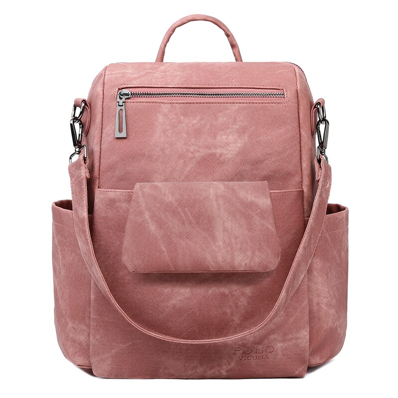 VICUNA POLO-Conjunto de mochila de cuero de para mujer, mochilas universitarias y para viajar, de gran capacidad, para el día: Rosa