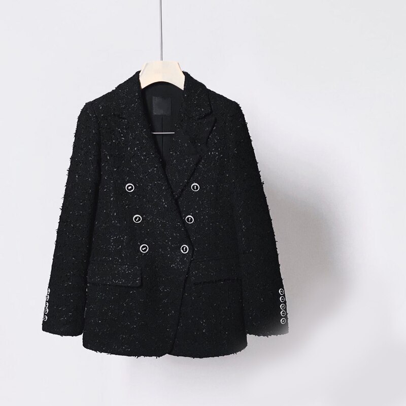 Tweed veste longues manches femme, Blazer de bureau femme Double boutonnage blanc noir veste femme veste printemps automne: black / L
