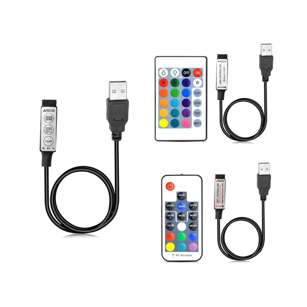 Controlador RGB USB de 5V CC Mini 3 Llaves regulador/Control Remoto IR de 24 teclas/Control remoto inalámbrico RF de 17 teclas para tira LED RGB USB