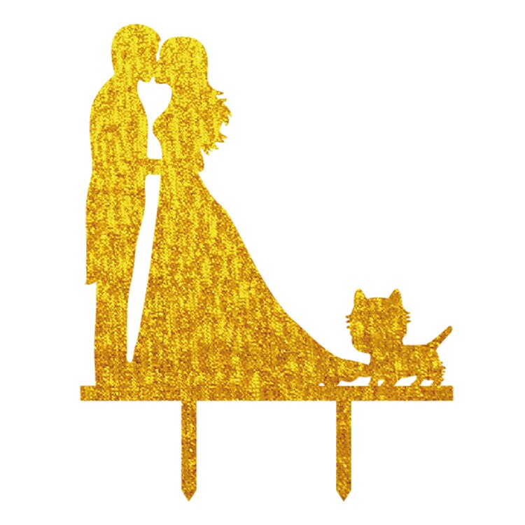 Wedding Bride Groom With Cat Cake Flag Toppers Black White Shiny Gold Silver For Wedding Engagement Party Cake Baking Decor