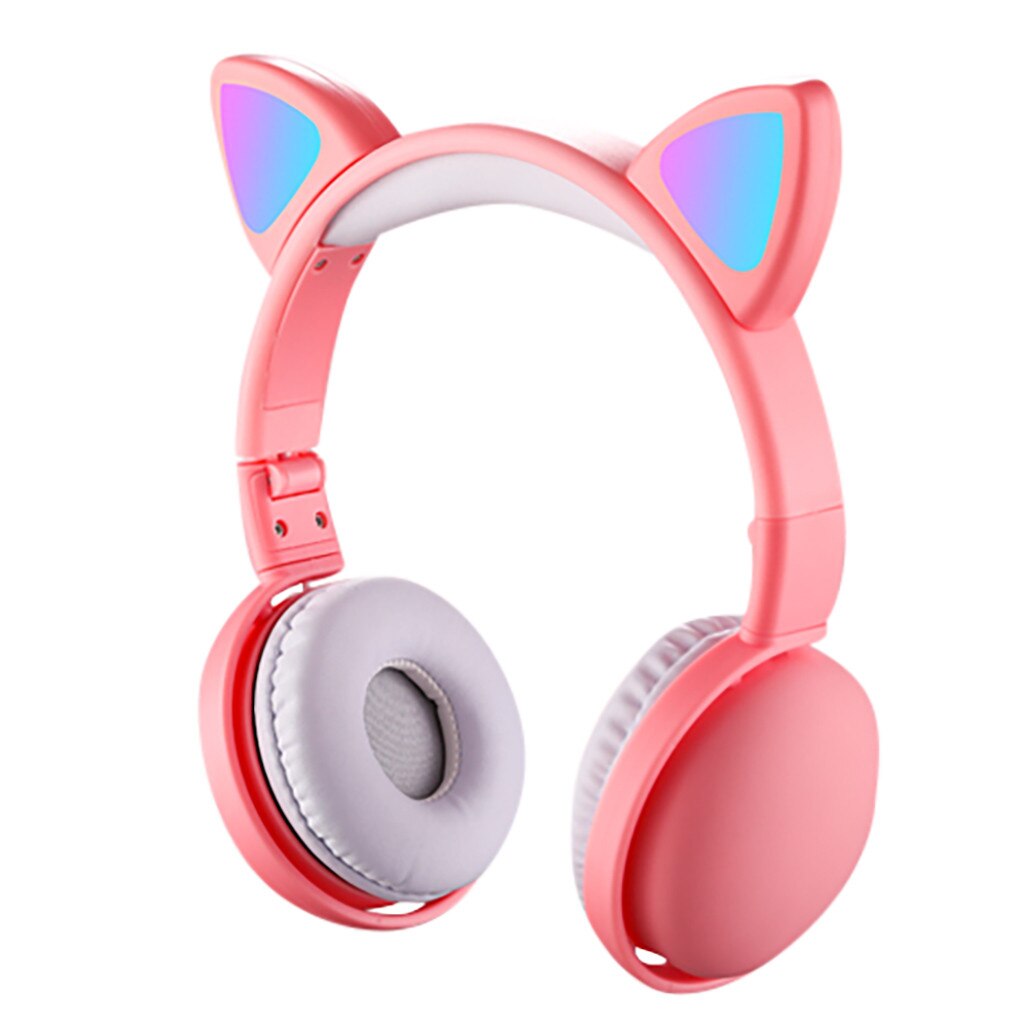LED Cat Ear Noise Cancelling Headphones Bluetooth 5.0 LED Light Foldable Adjustable Headset 3.5mm Plug With Mic: Pink 