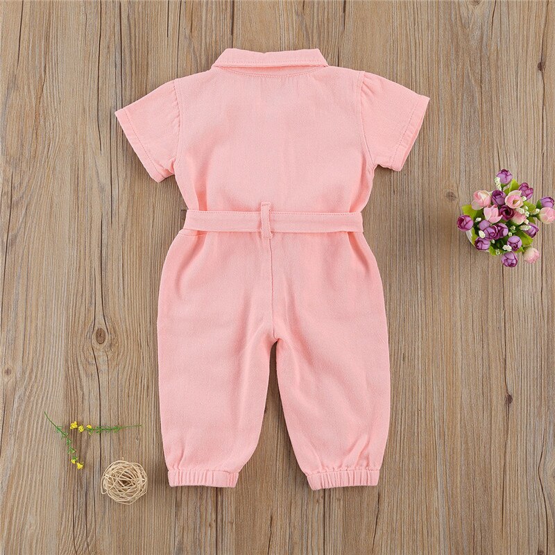 Combinaison en Denim rose pour filles, vêtements de travail, une pièce, col montant, poche, manches courtes, barboteuse pour enfants en bas âge